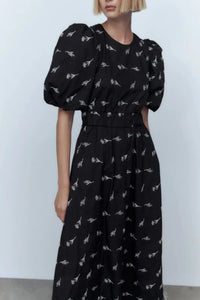 ADDISON Puff-Sleeve Embroidered Poplin Midi Dress (Black)