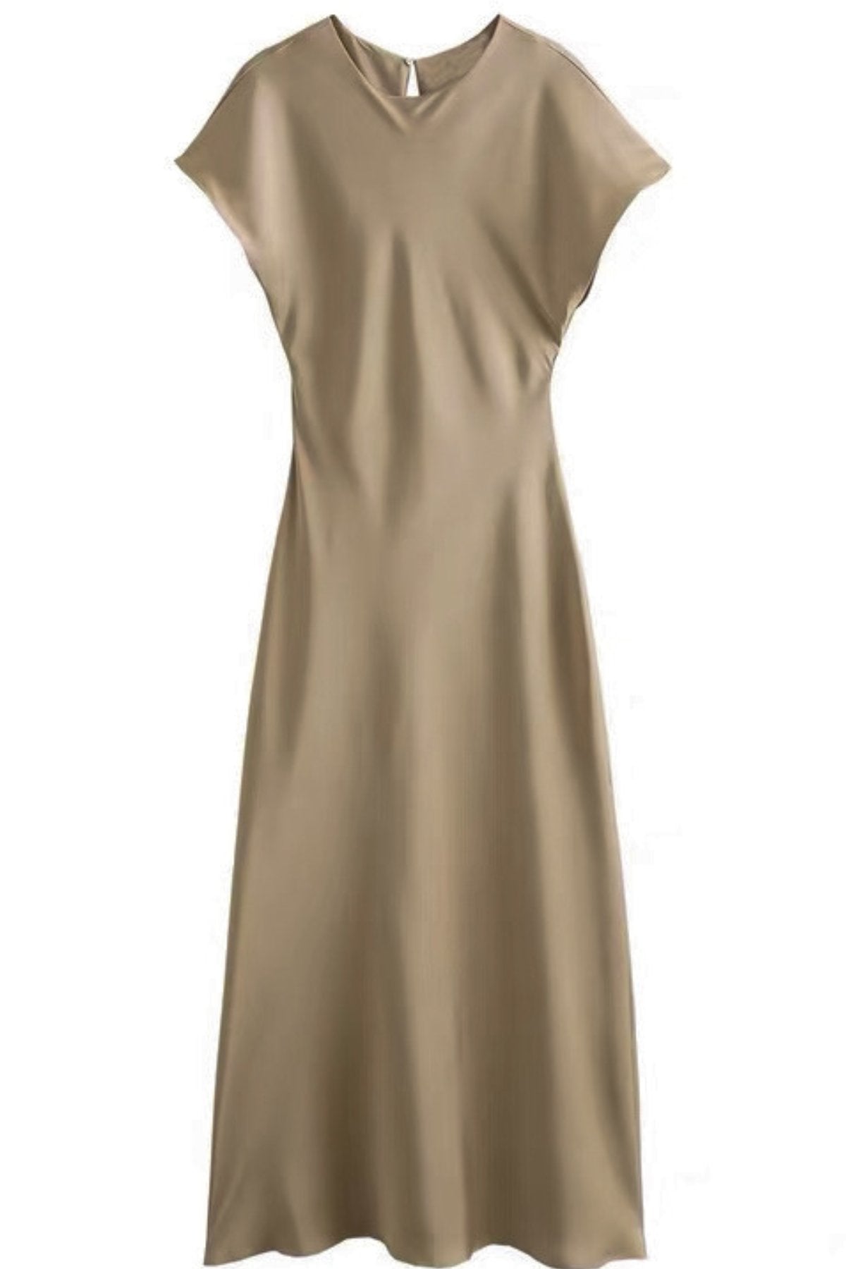 NOA Satin Midi Dress with Deep Back Slit (Champagne Beige)