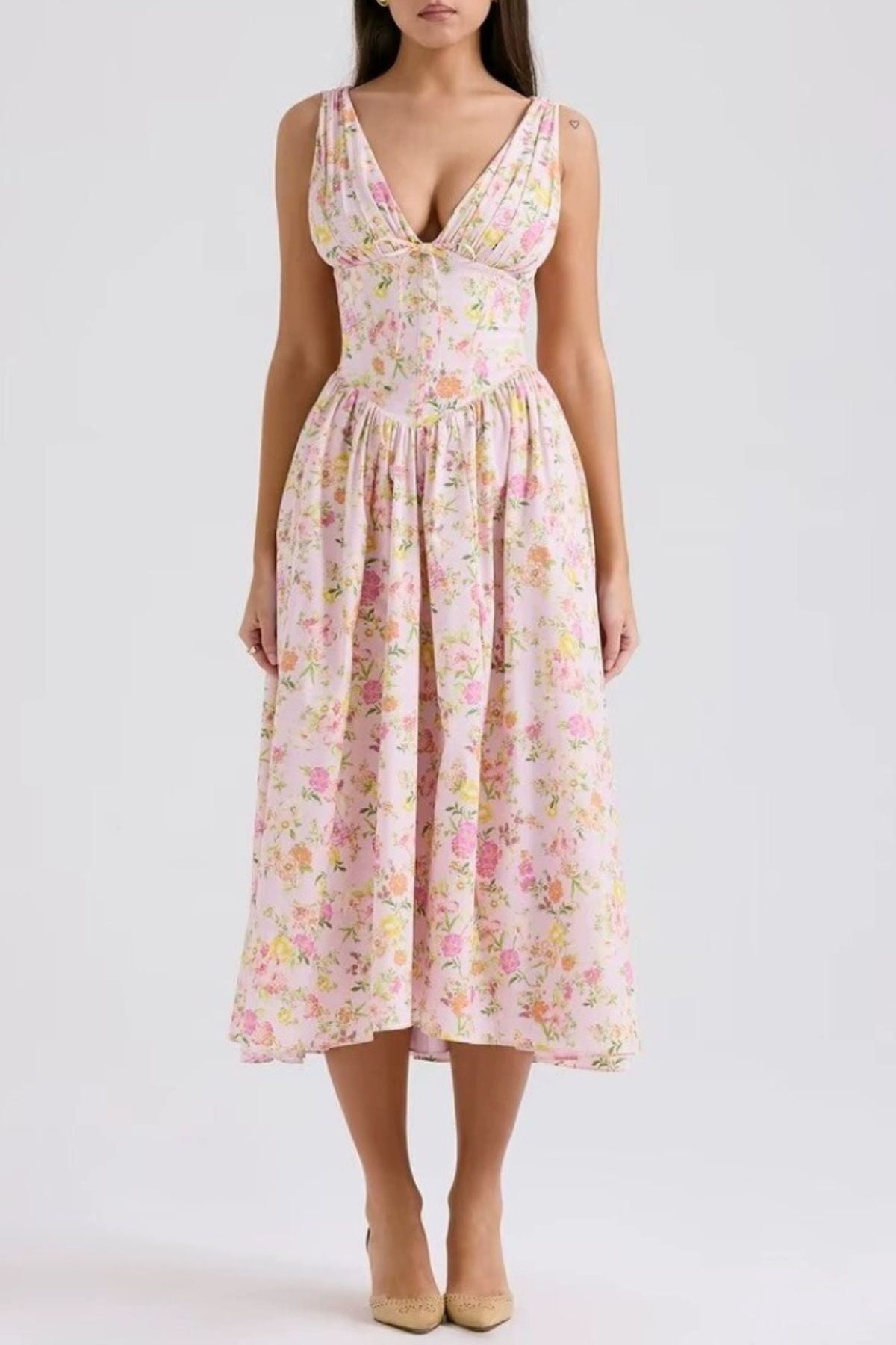 OPHELIA Floral Bustier A-Line Midi Dress (Pink)