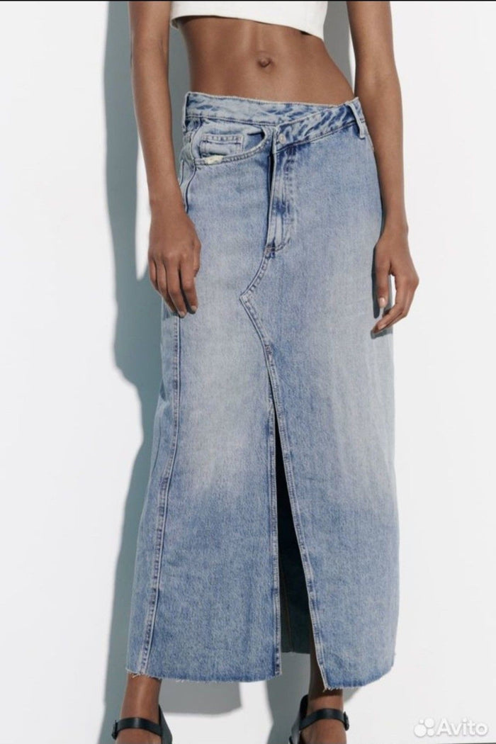 CORA Asymmetrical High Waisted Front Slit Denim Midi Skirt
