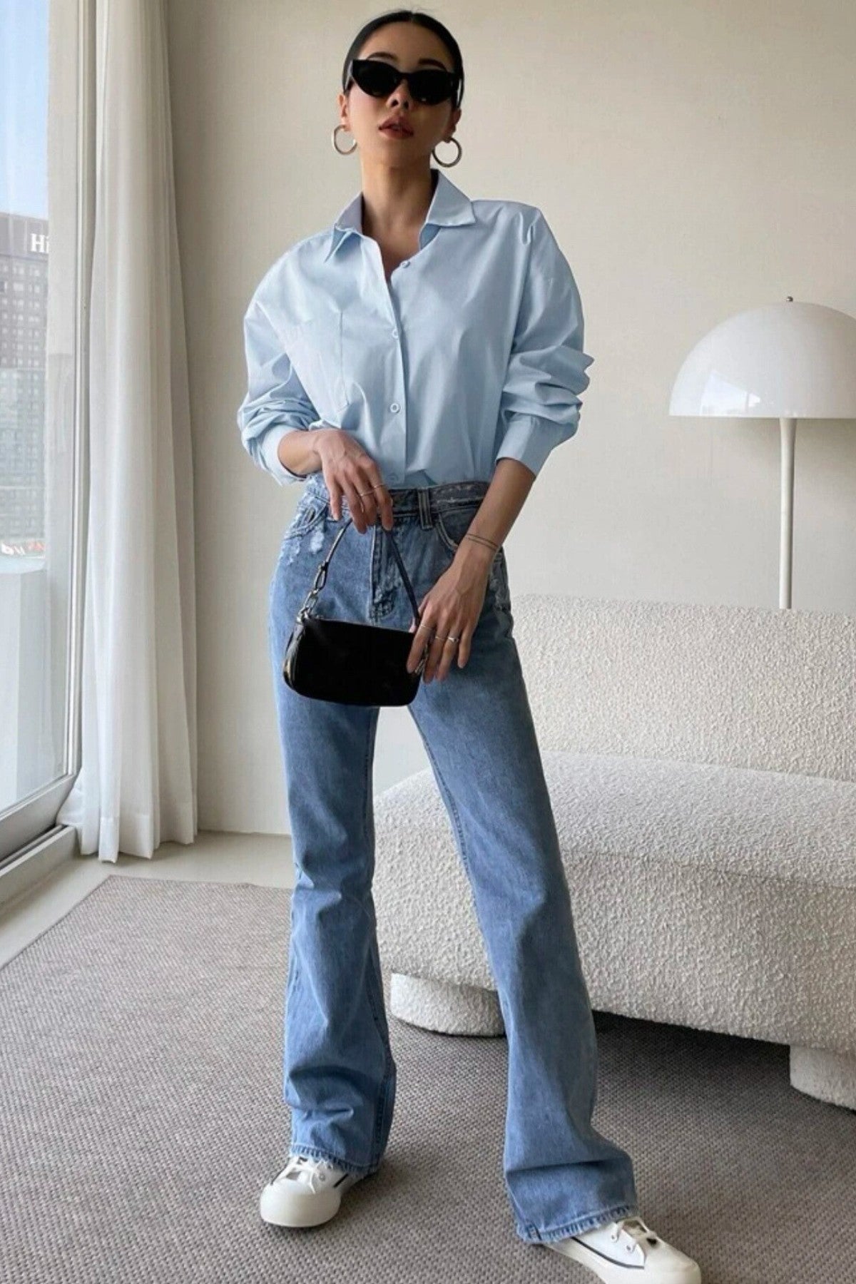 ESTHER Oversized Button-Down Pocket Shirt(Powder Blue)