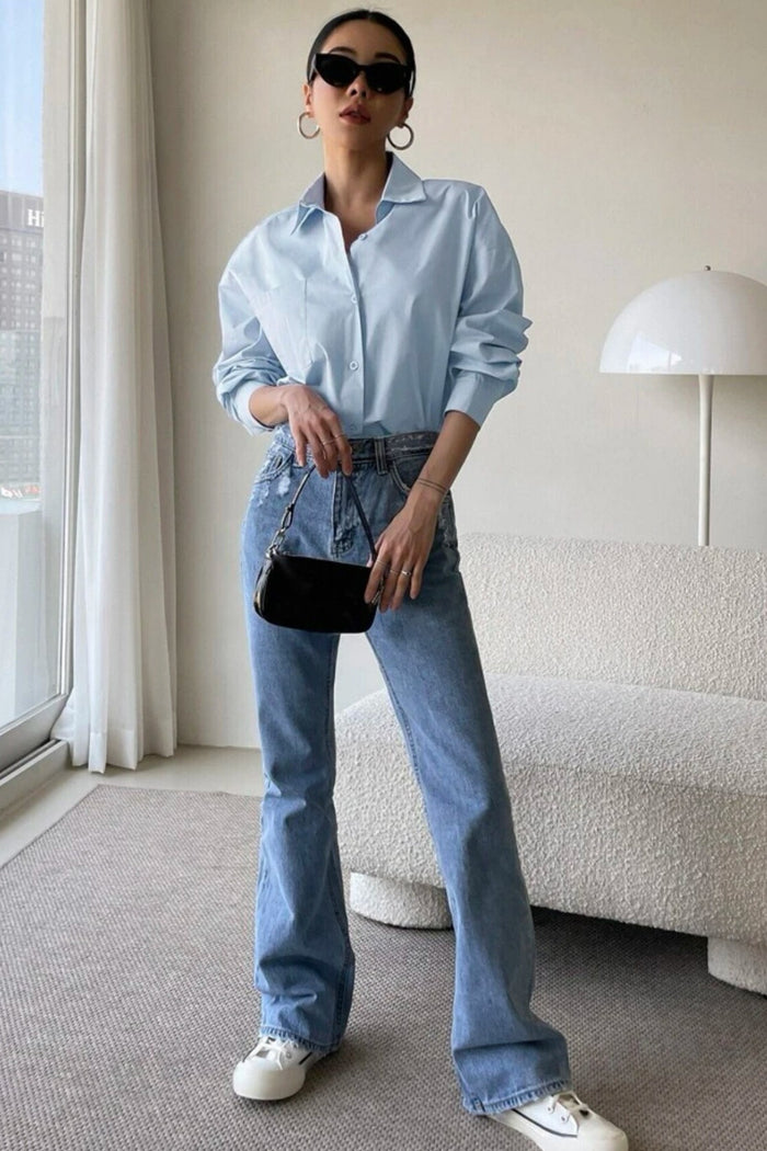 ESTHER Oversized Button-Down Pocket Shirt(Powder Blue)