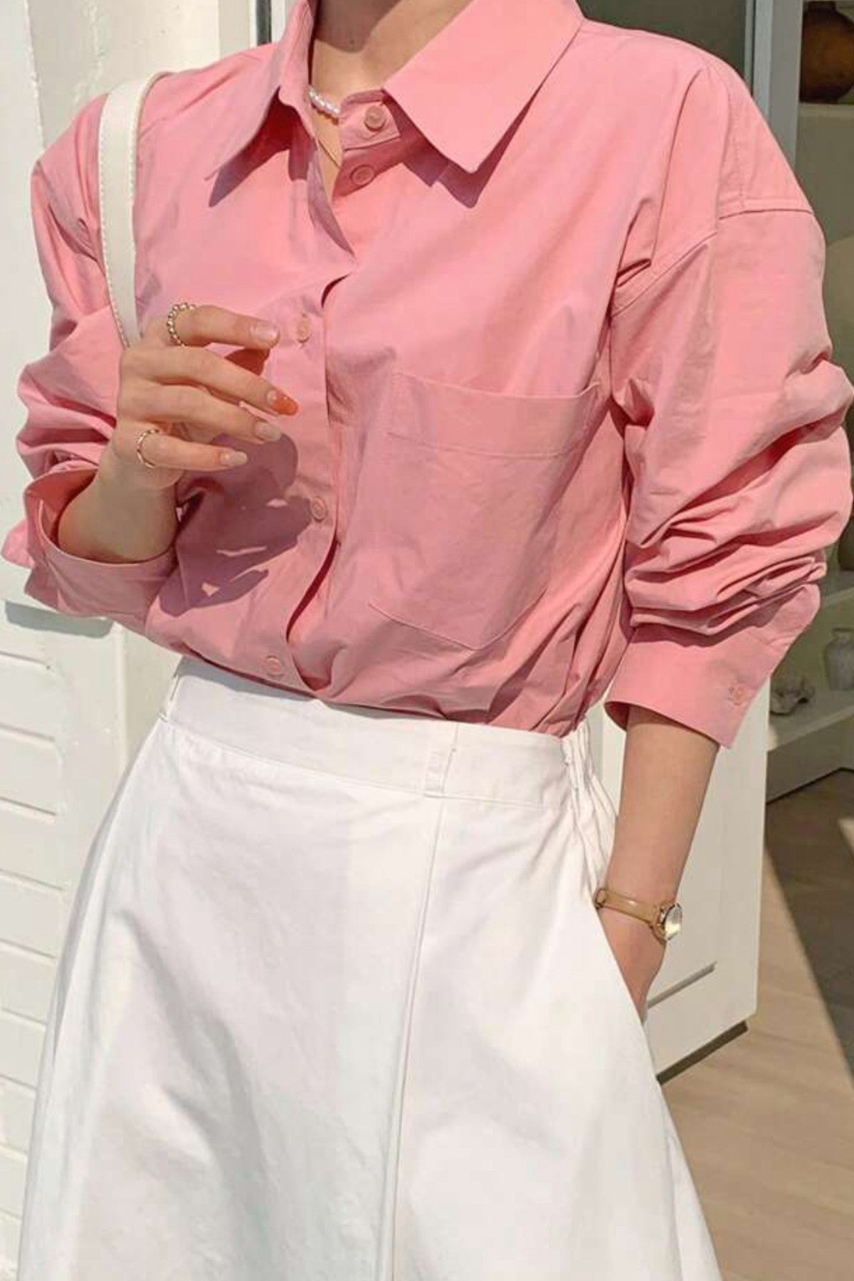 ESTHER Oversized Button-Down Pocket Shirt(Pink)