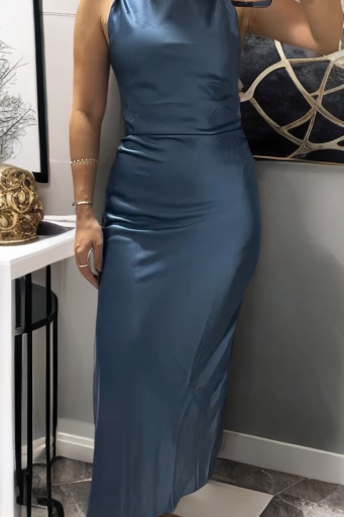EVELYN Satin Cowl-Neck Midi Dress (Powder Blue)