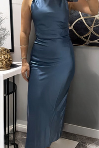 EVELYN Satin Cowl-Neck Midi Dress (Powder Blue)