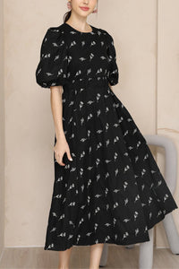 ADDISON Puff-Sleeve Embroidered Poplin Midi Dress (Black)