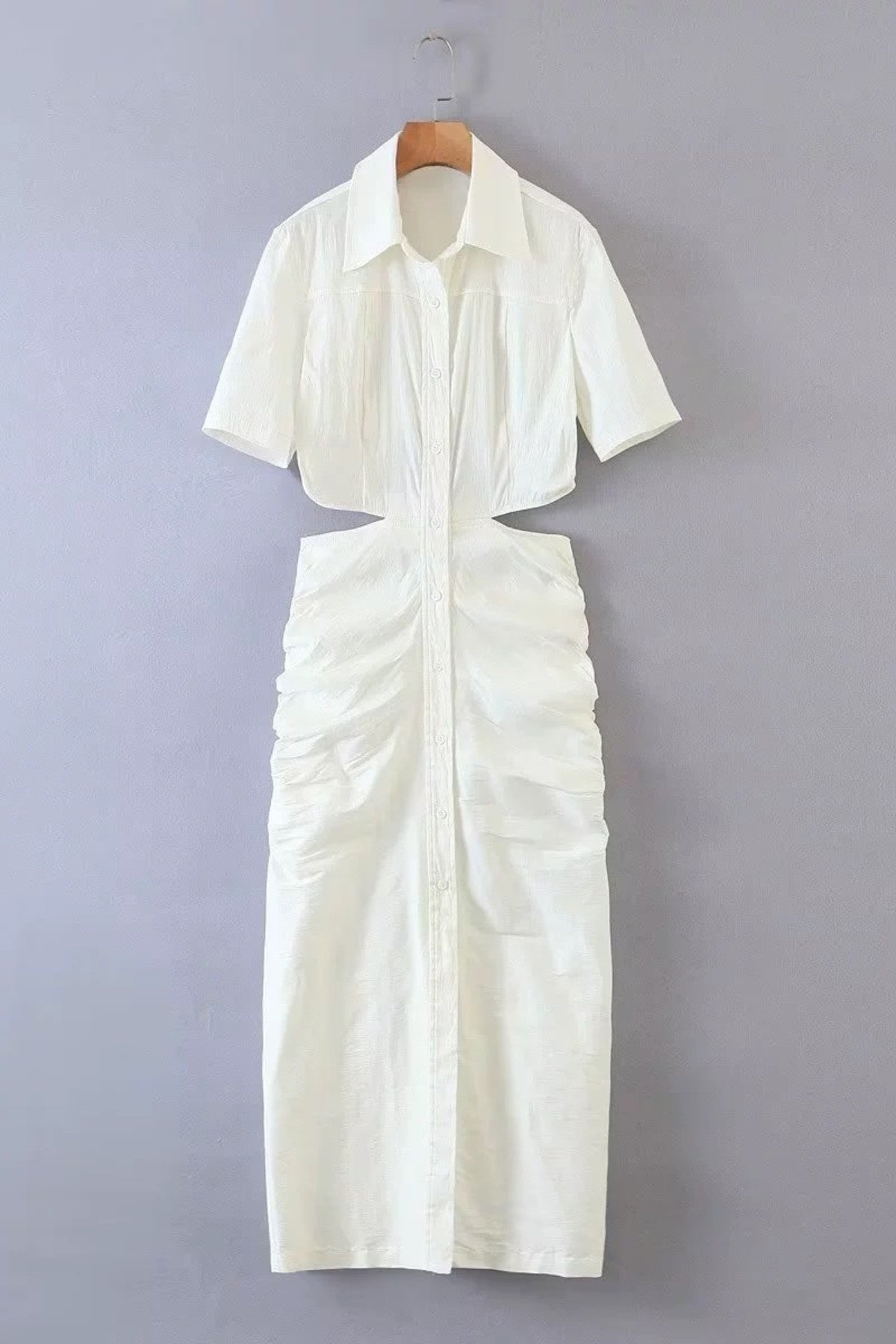 OAKLEY Open-Back Button-Down Ruched Sides Midi Dress (White)