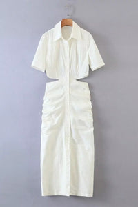OAKLEY Open-Back Button-Down Ruched Sides Midi Dress (White)
