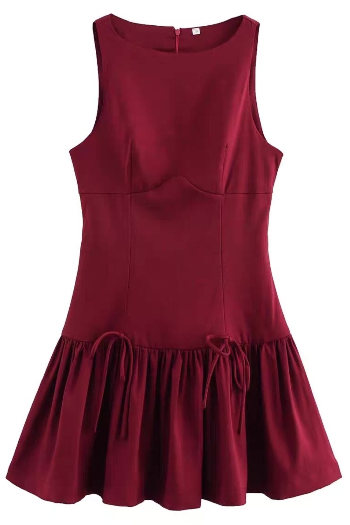ARIA Boat Neck Bow Accent Ruffled Mini Dress (Burgundy Red)