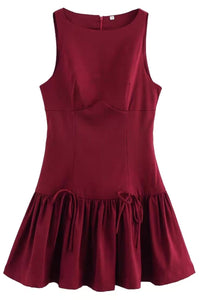 ARIA Boat Neck Bow Accent Ruffled Mini Dress (Burgundy Red)