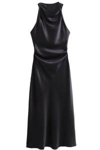 EVELYN Satin Cowl-Neck Midi Dress (Black)