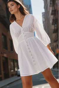 ISLA Puff Sleeve Broderie Eyelet Mini Dress (White)