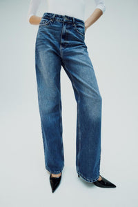 BLAKE High-Waist Straight Leg Full Length Jeans (Dark Blue Washed)