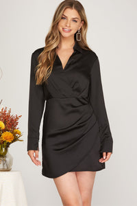ELEANOR Draped Wrap Satin Collared Mini Dress (Black)