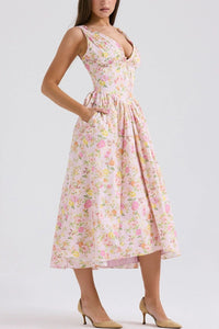 OPHELIA Floral Bustier A-Line Midi Dress (Pink)