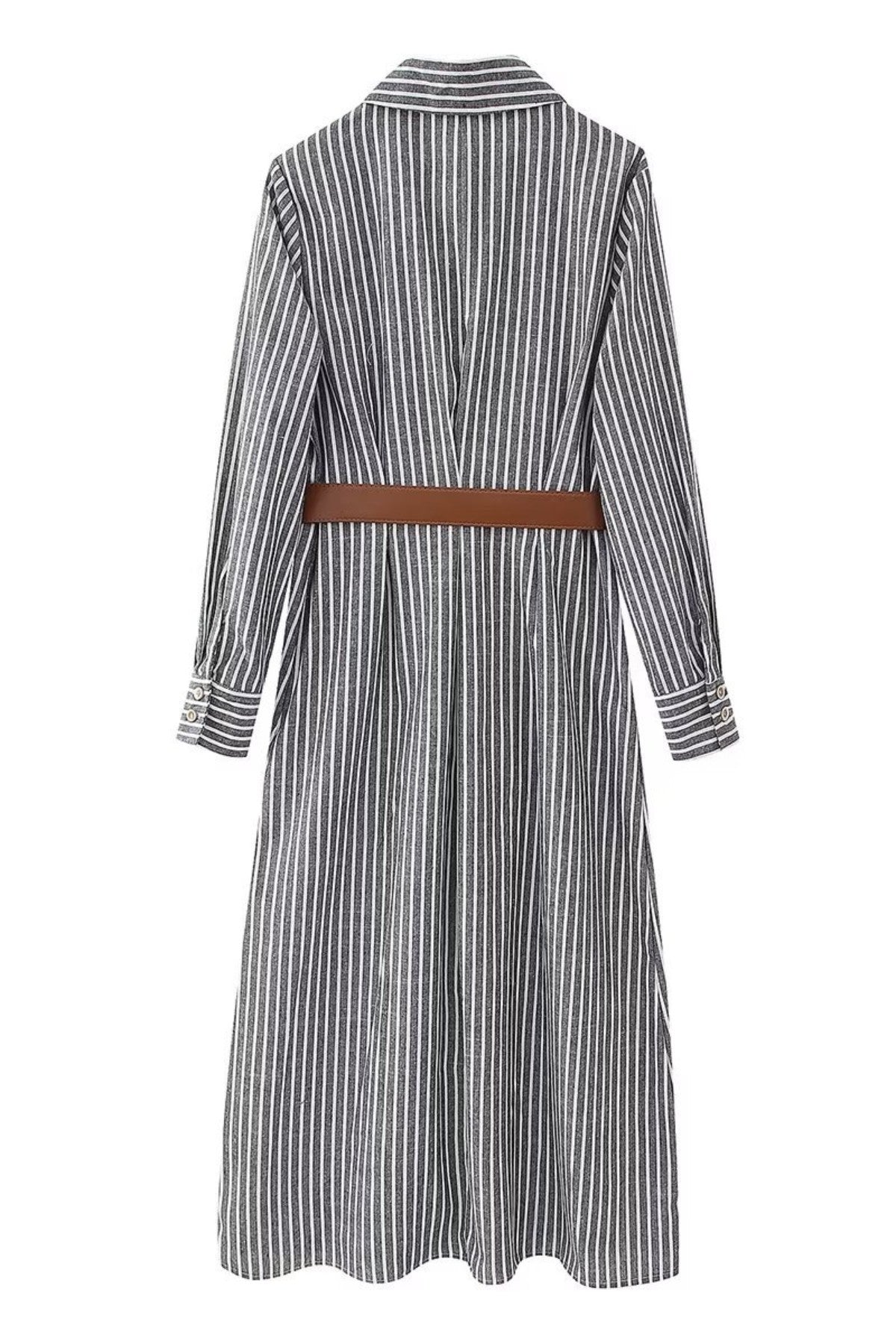SKYLAR Striped Button-Down Dress W/ Belt (Deep Gray)