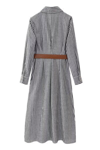 SKYLAR Striped Button-Down Dress W/ Belt (Deep Gray)