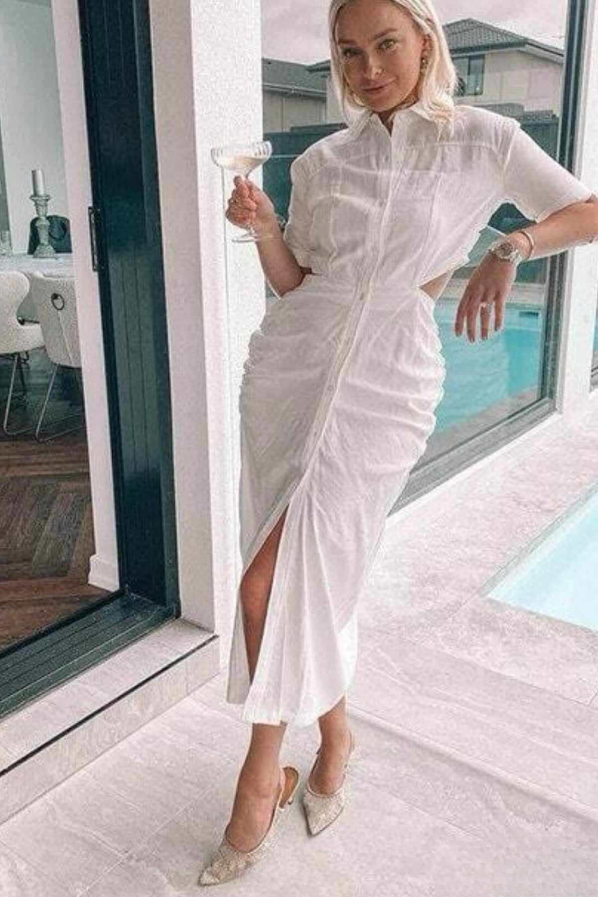 OAKLEY Open-Back Button-Down Ruched Sides Midi Dress (White)