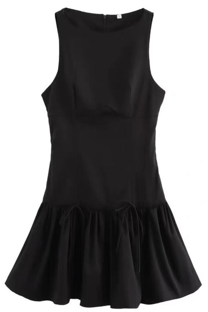 ARIA Boat Neck Bow Accent Ruffled Mini Dress (Black)