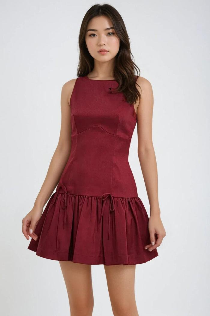 ARIA Boat Neck Bow Accent Ruffled Mini Dress (Burgundy Red)