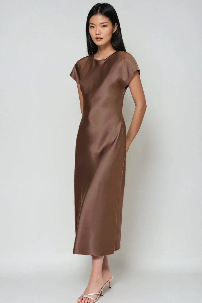 NOA Satin Midi Dress with Deep Back Slit (Espresso Brown)