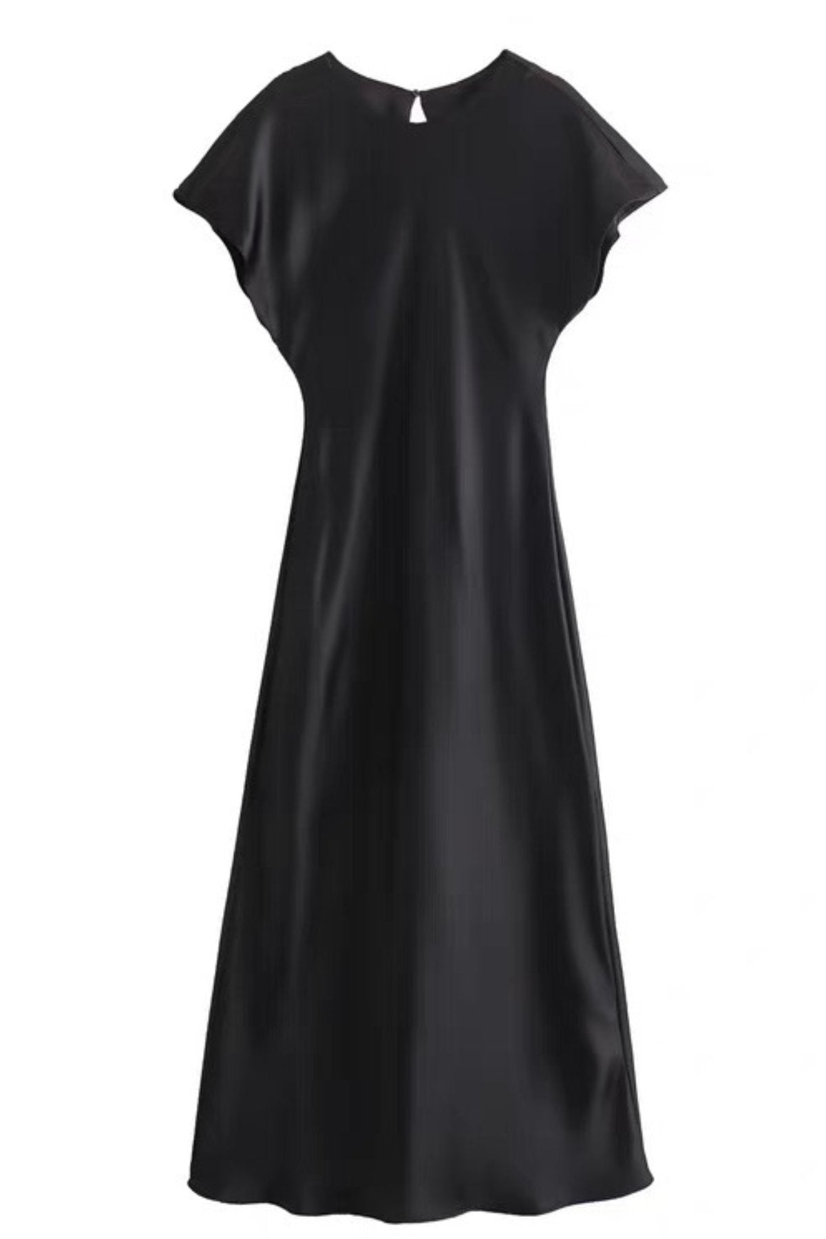 NOA Satin Midi Dress with Deep Back Slit (Black)