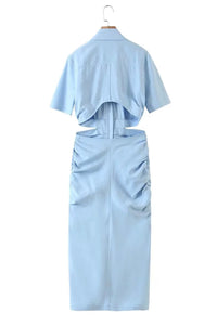 OAKLEY Open-Back Button-Down Ruched Sides Midi Dress (Powder Blue)