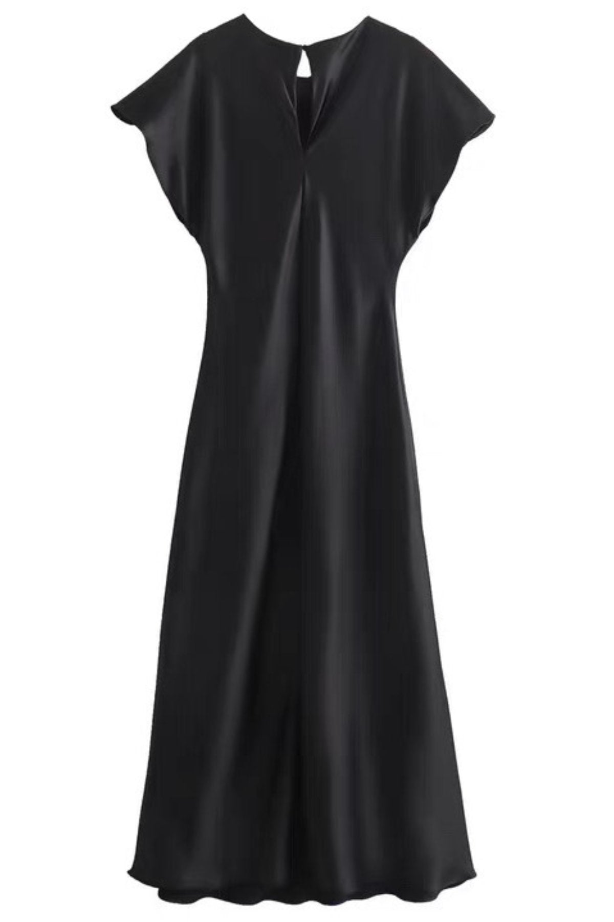 NOA Satin Midi Dress with Deep Back Slit (Black)