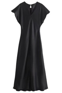 NOA Satin Midi Dress with Deep Back Slit (Black)