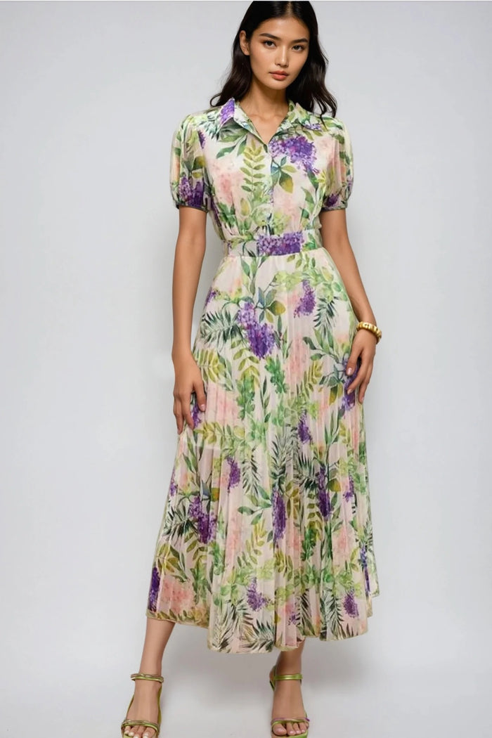 CATHERINE Collared Floral Pleated Midi Dress