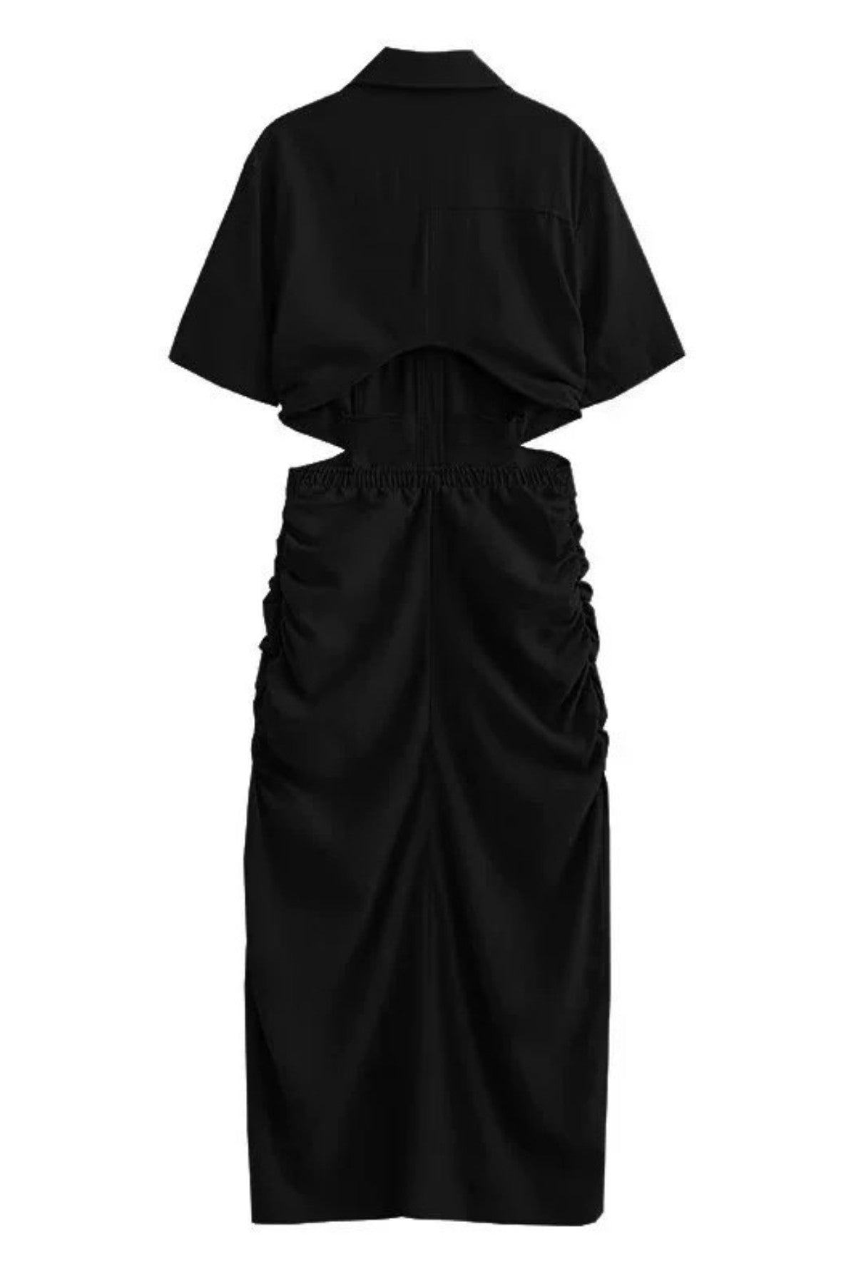 OAKLEY Open-Back Button-Down Ruched Sides Midi Dress (Black)