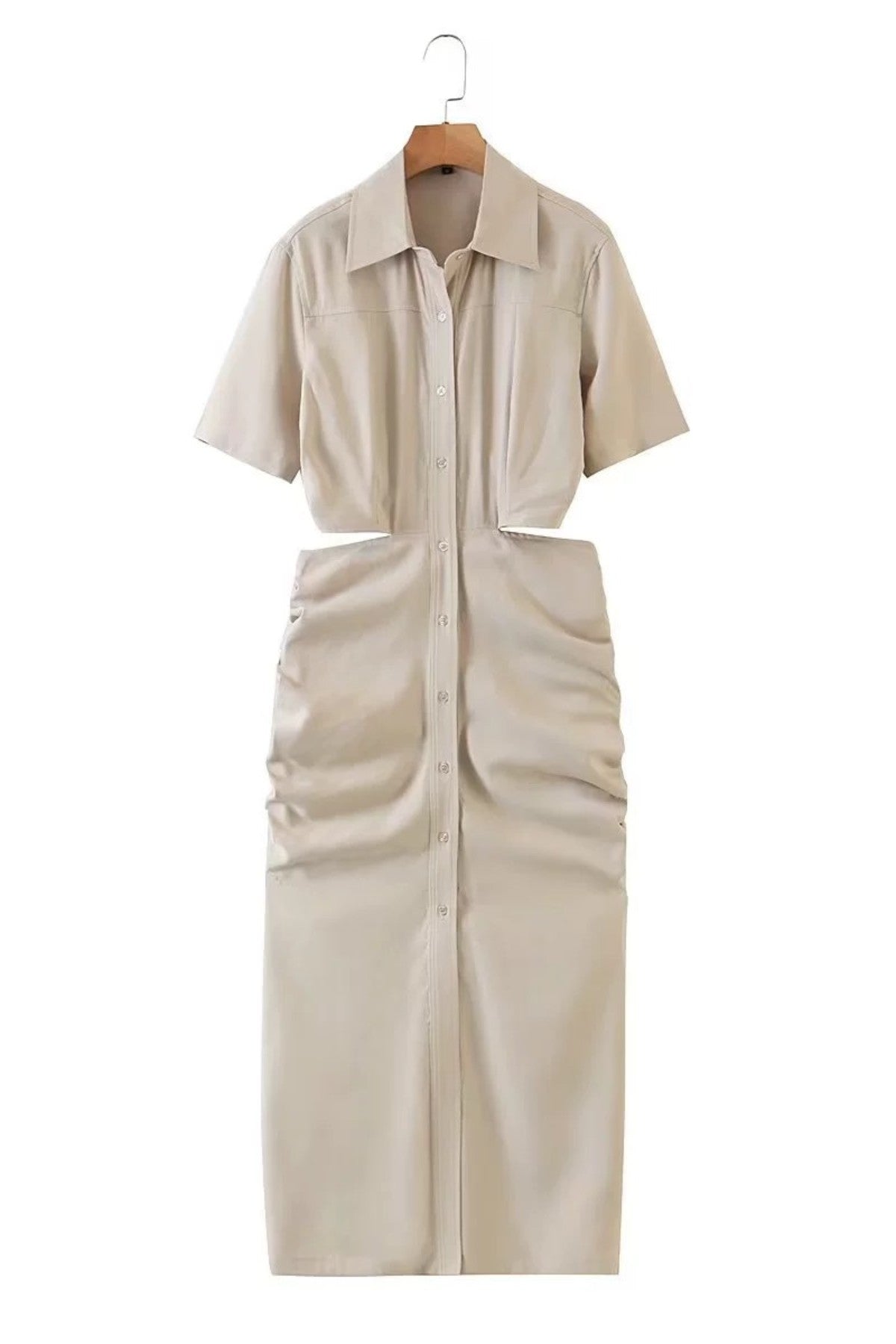 OAKLEY Open-Back Button-Down Ruched Sides Midi Dress (Light Beige)