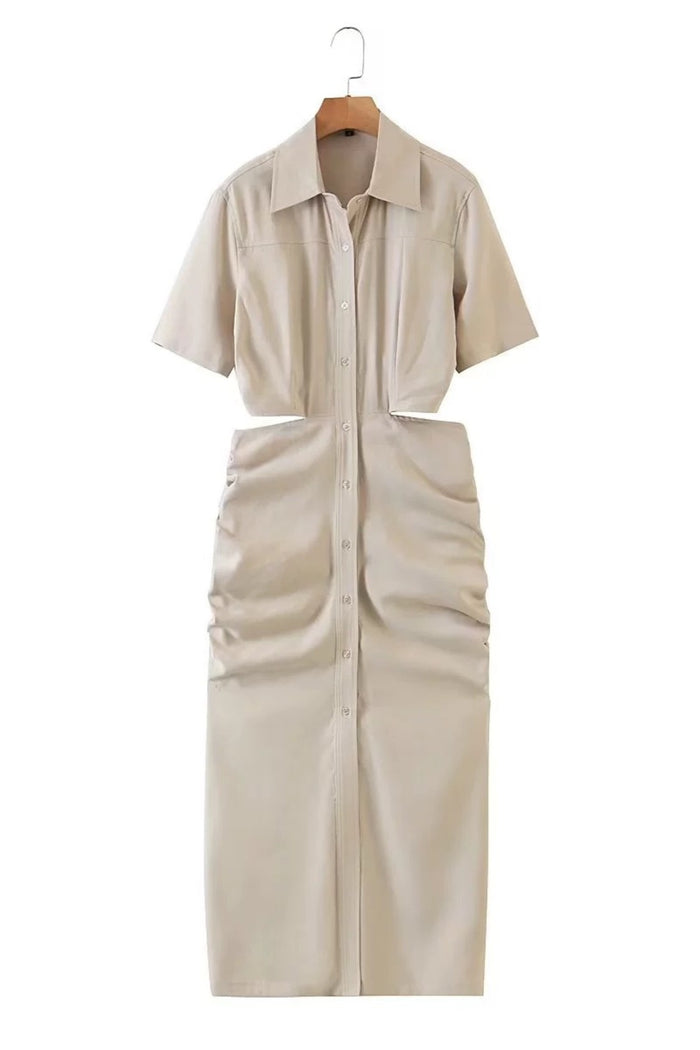 OAKLEY Open-Back Button-Down Ruched Sides Midi Dress (Light Beige)