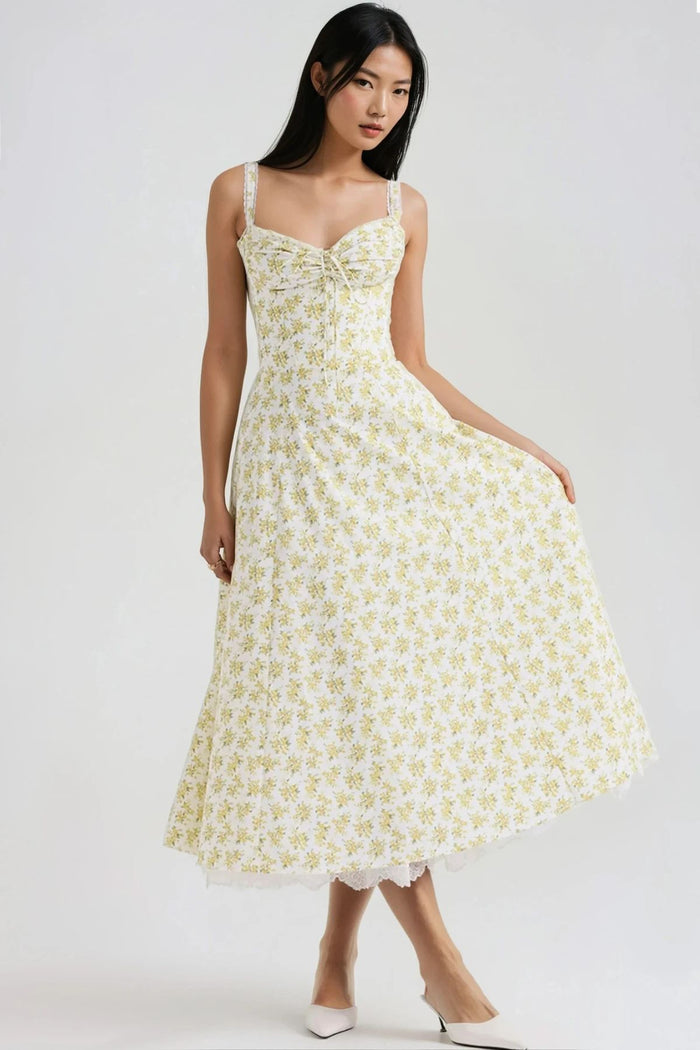 REBECCA Floral Bustier Midi Dress w/ Lace Hem (Yellow)
