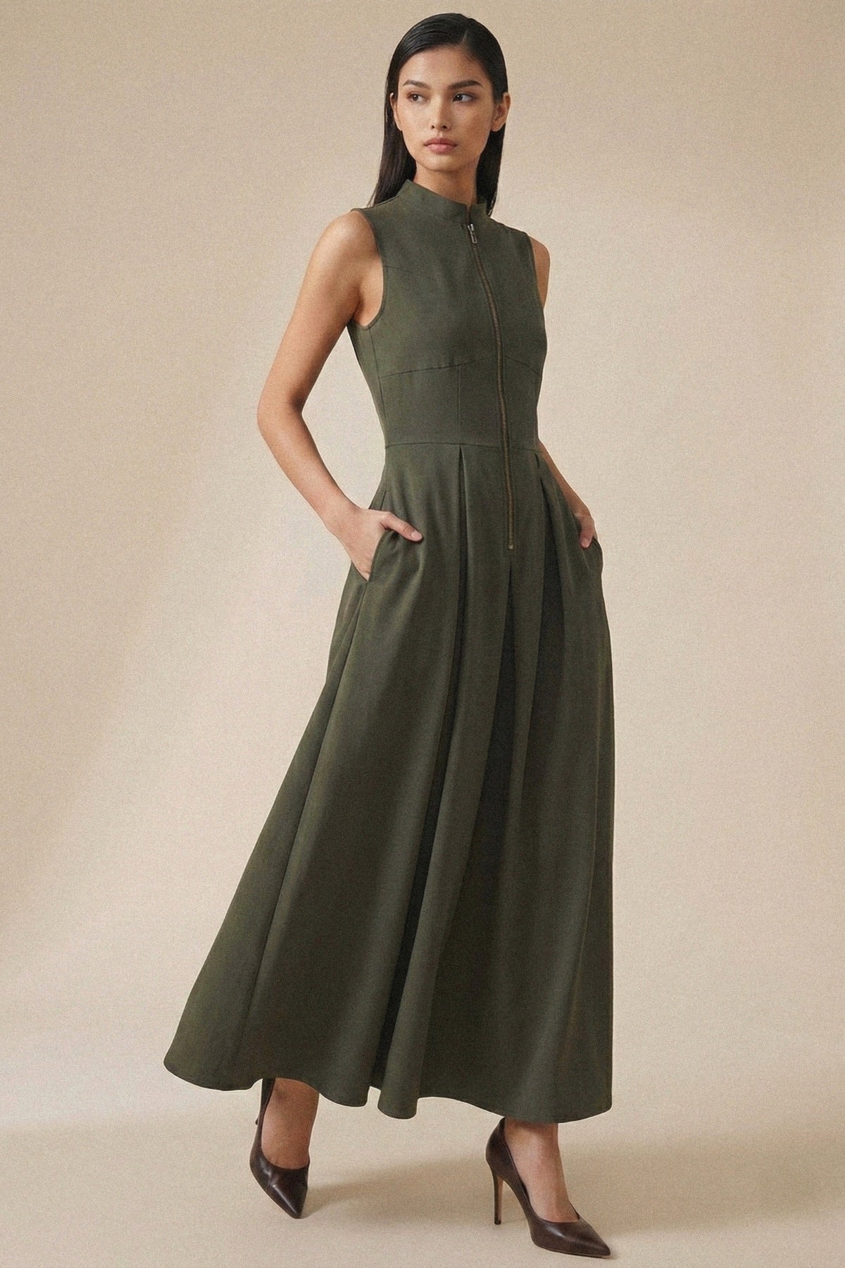 maxi utility dress CARA Zip (Deep Olive Green) – 1930 Clothing This is for all romantic vibe at your Width:E (Wide) Folklore green dress
