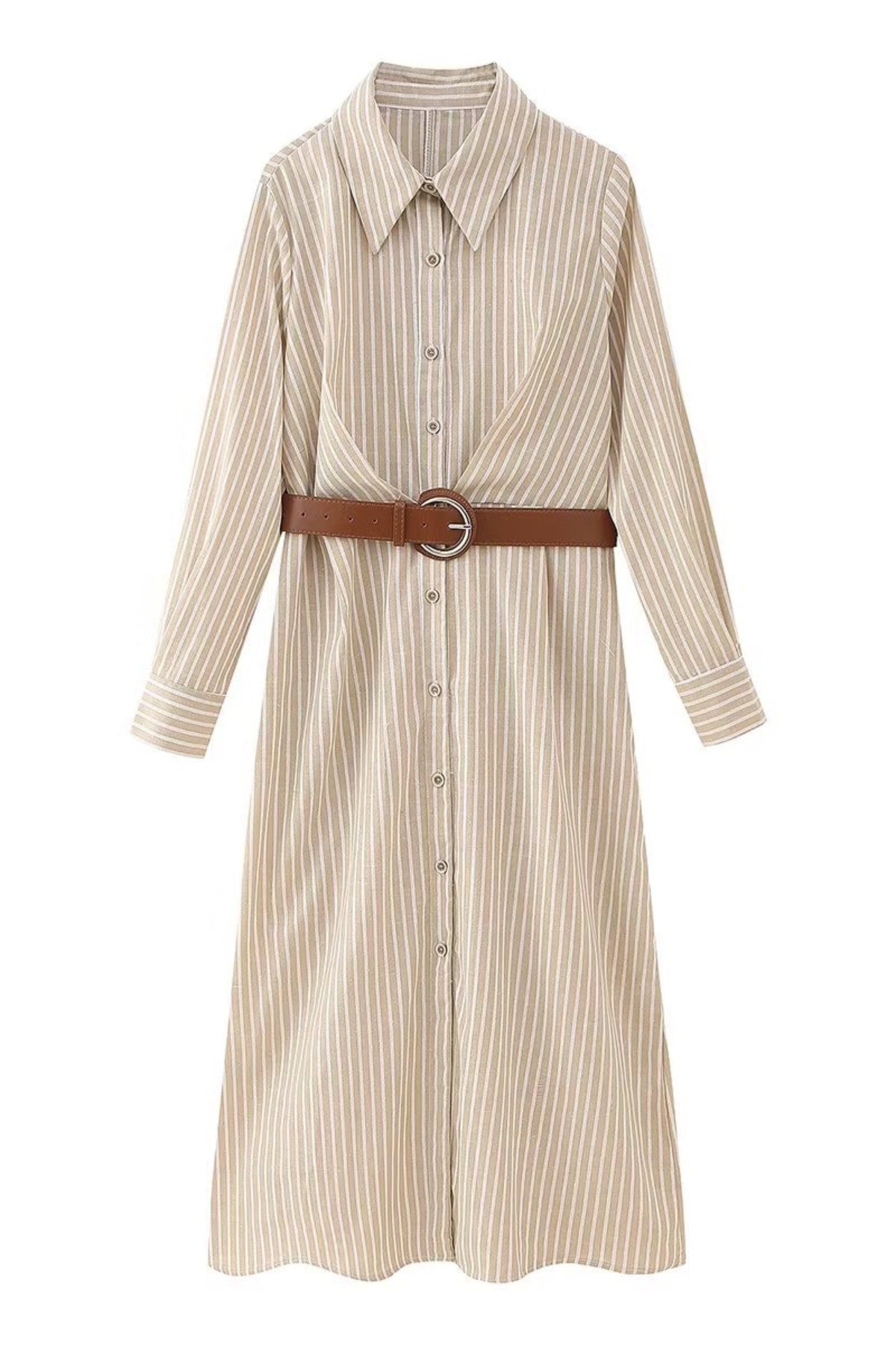 SKYLAR Striped Button-Down Dress W/ Belt (Latte Brown)