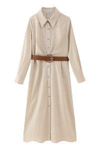 SKYLAR Striped Button-Down Dress W/ Belt (Latte Brown)