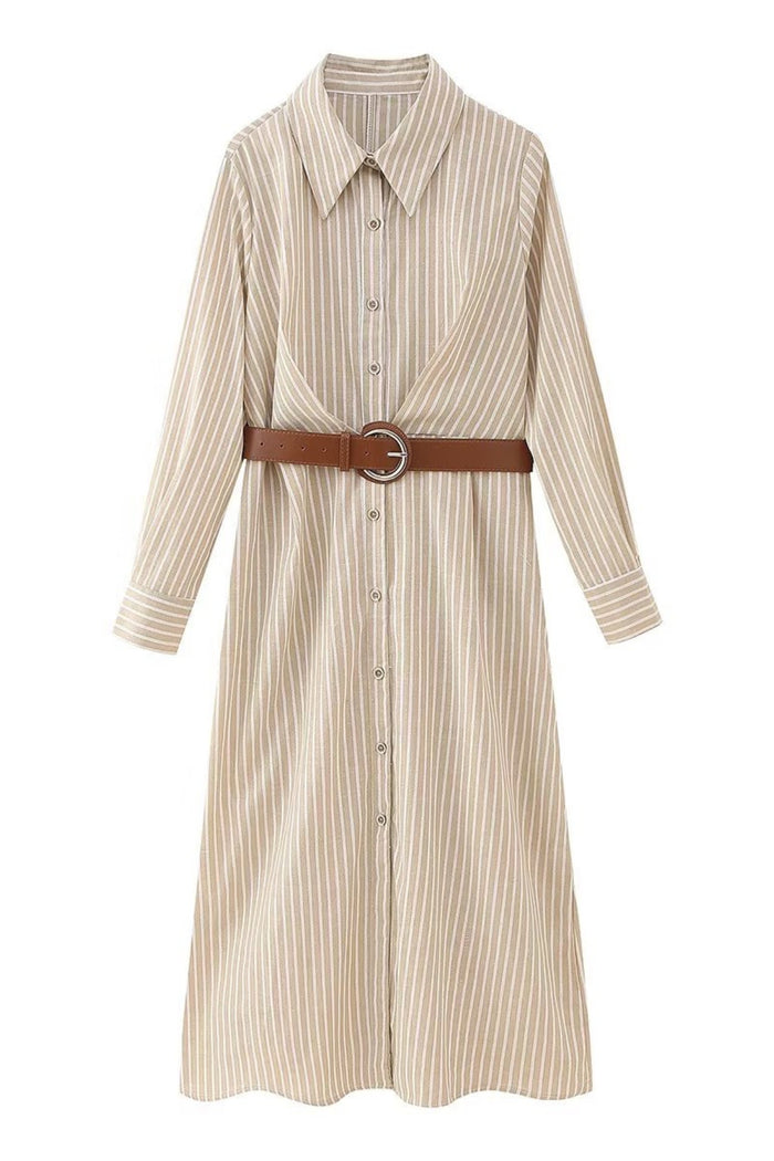 SKYLAR Striped Button-Down Dress W/ Belt (Latte Brown)