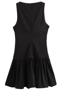 ARIA Boat Neck Bow Accent Ruffled Mini Dress (Black)