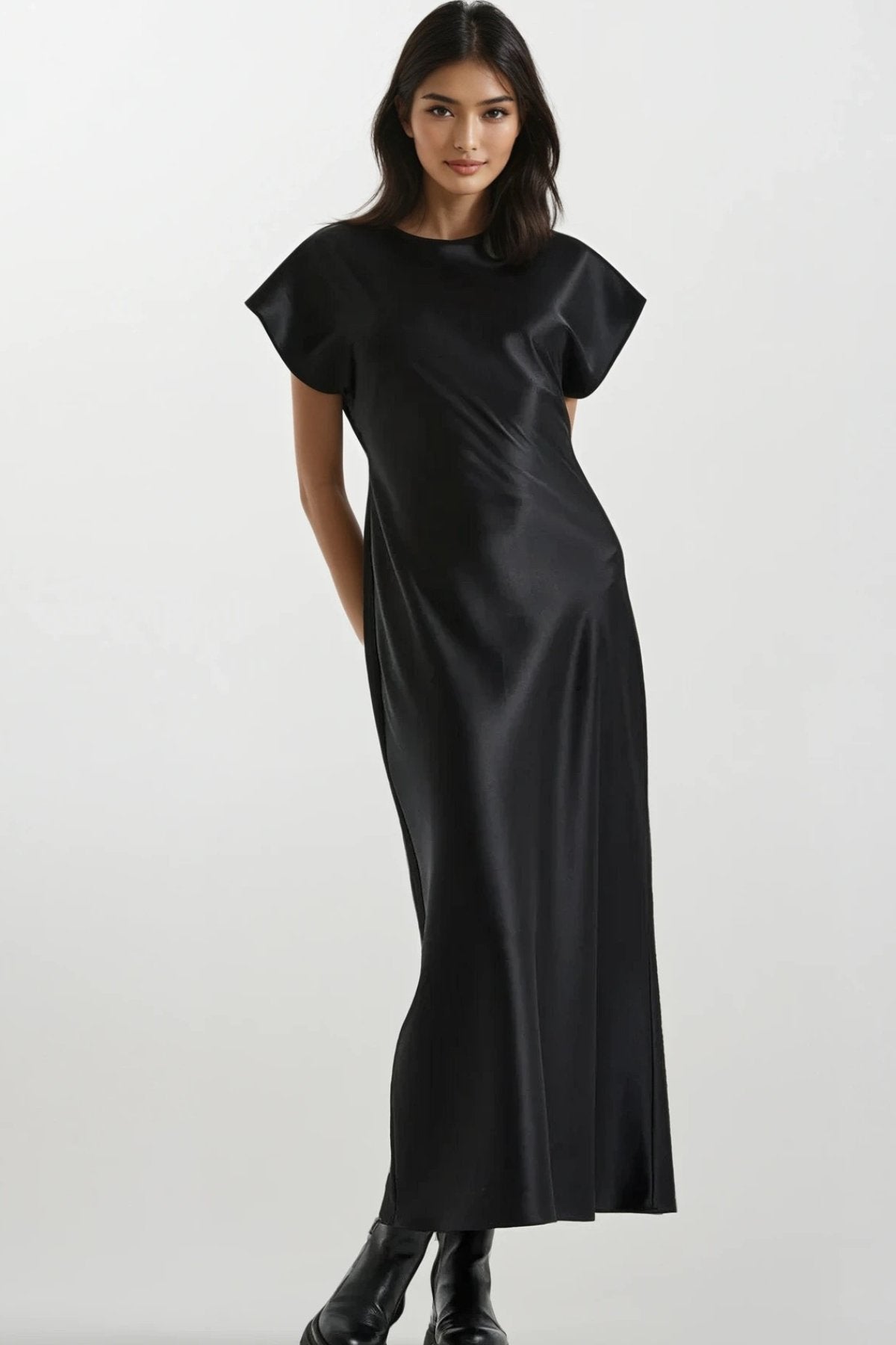 NOA Satin Midi Dress with Deep Back Slit (Black)