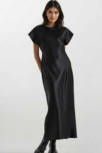 NOA Satin Midi Dress with Deep Back Slit (Black)