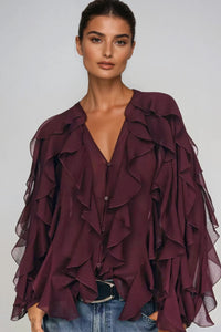CALLA Ruffle Chiffon Statement Blouse (Burgundy Red)