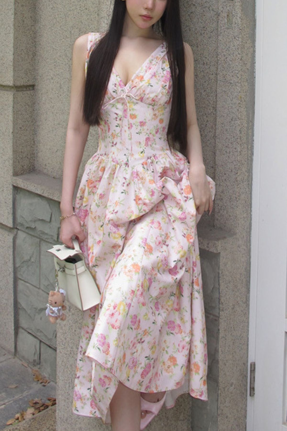 OPHELIA Floral Bustier A-Line Midi Dress (Pink)