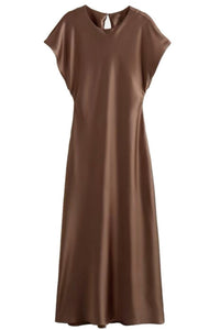 NOA Satin Midi Dress with Deep Back Slit (Espresso Brown)
