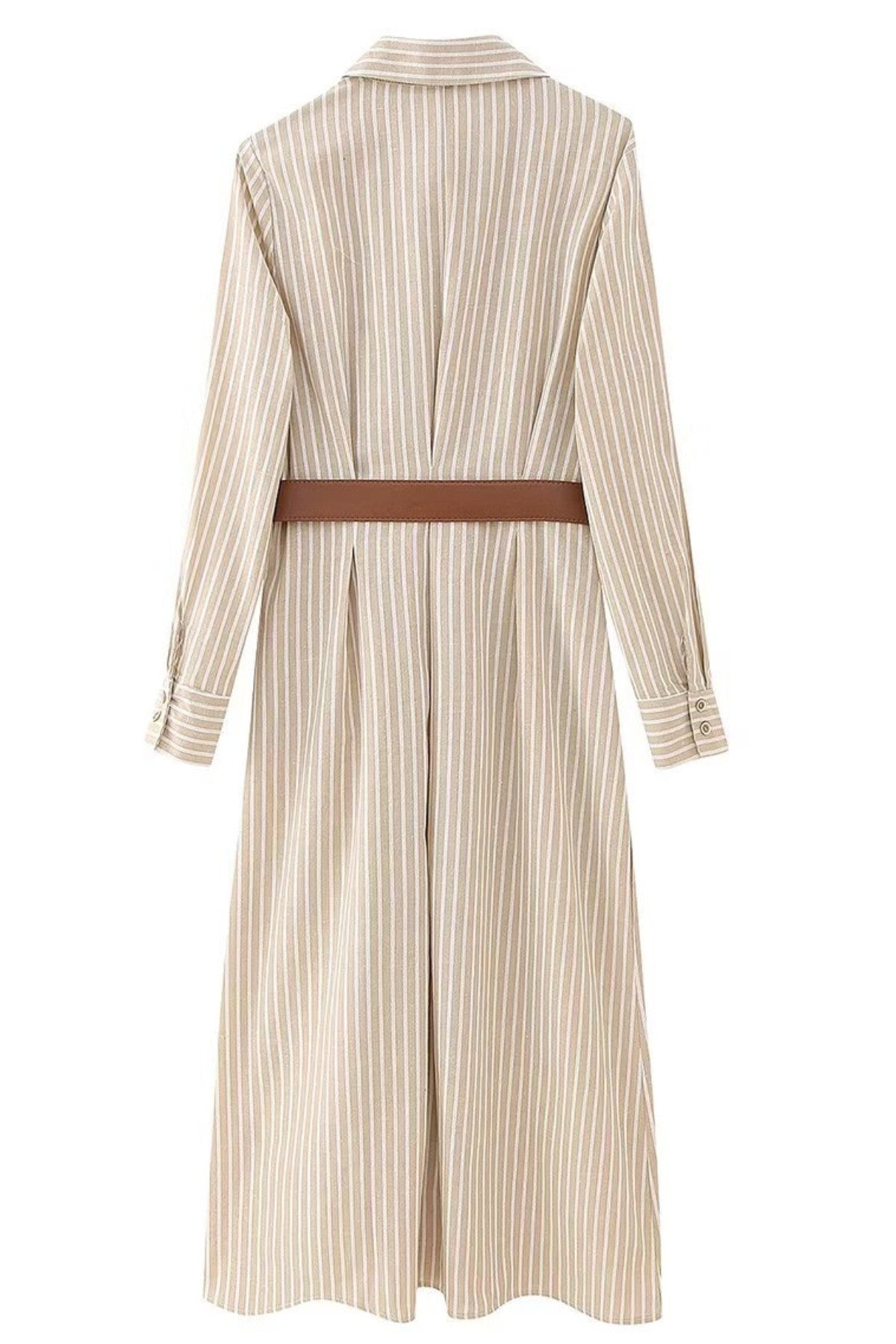 SKYLAR Striped Button-Down Dress W/ Belt (Latte Brown)
