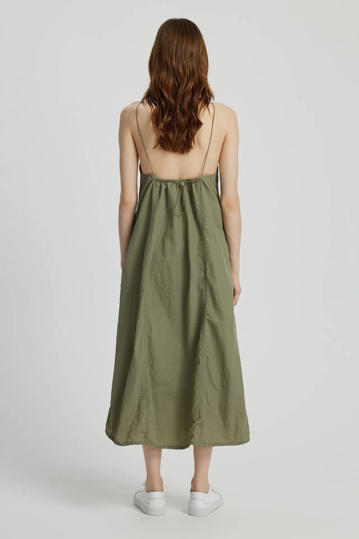 RAELYNN Halter Midi Parachute Dress W/ Toggle Drawstring Back & Hem (Moss Green)
