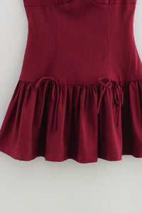 ARIA Boat Neck Bow Accent Ruffled Mini Dress (Burgundy Red)