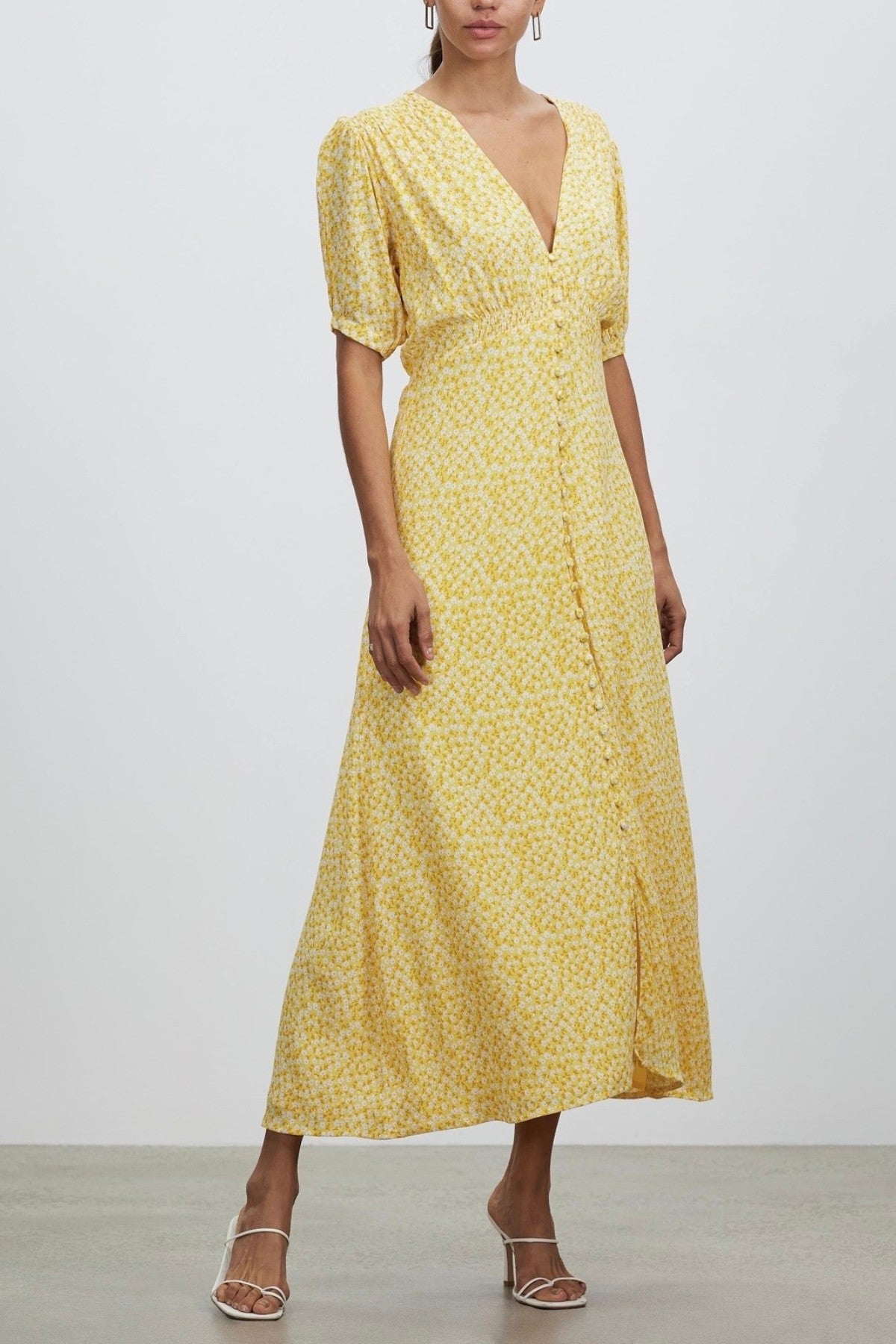 SUMMER Floral Puff-Sleeve Midi Dress (Yellow)