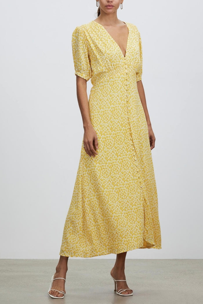 SUMMER Floral Puff-Sleeve Midi Dress (Yellow)