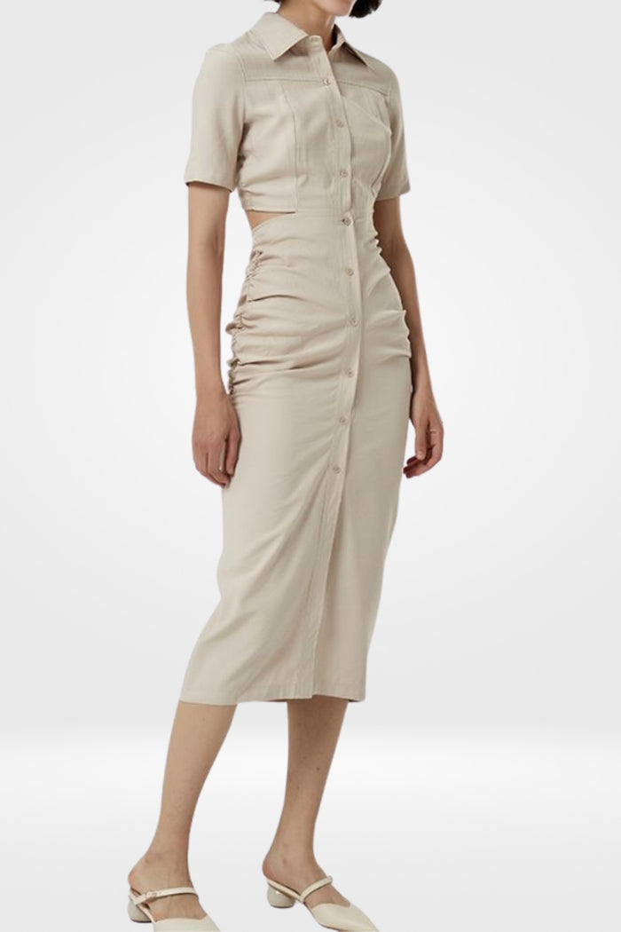 OAKLEY Open-Back Button-Down Ruched Sides Midi Dress (Light Beige)